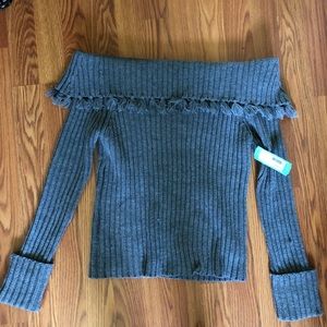 line & dot off the shoulder fringe sweater, small